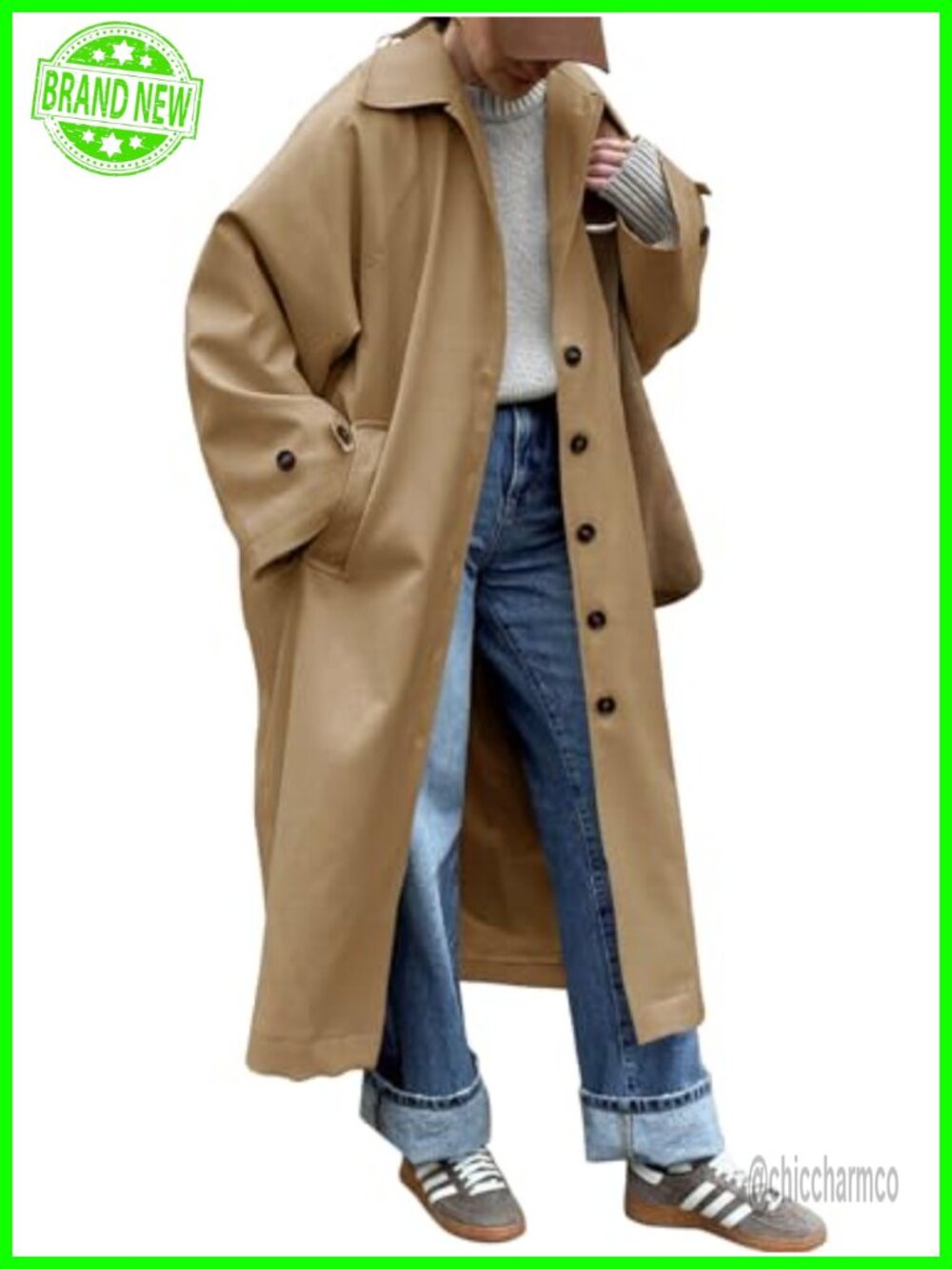 Women's Long Trench Coat Single Breasted Oversized Windproof Classic Lapel Fall